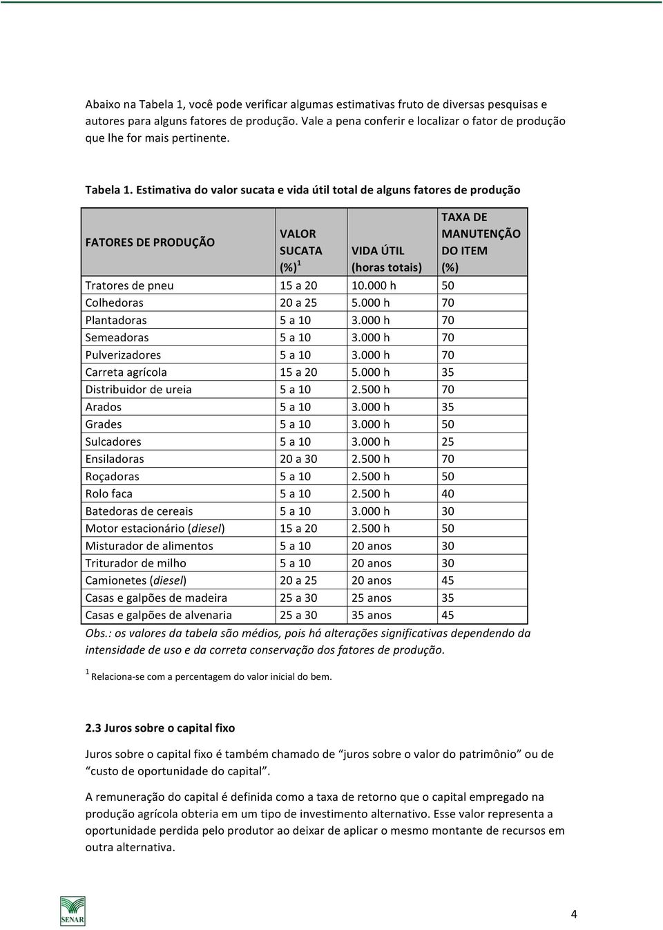 Estimativa do valor sucata e vida útil total de alguns fatores de produção FATORES DE PRODUÇÃO VALOR SUCATA (%) 1 VIDA ÚTIL (horas totais) TAXA DE MANUTENÇÃO DO ITEM (%) Tratores de pneu 15 a 20 10.