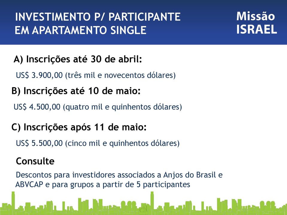 500,00 (quatro mil e quinhentos dólares) C) Inscrições após 11 de maio: US$ 5.