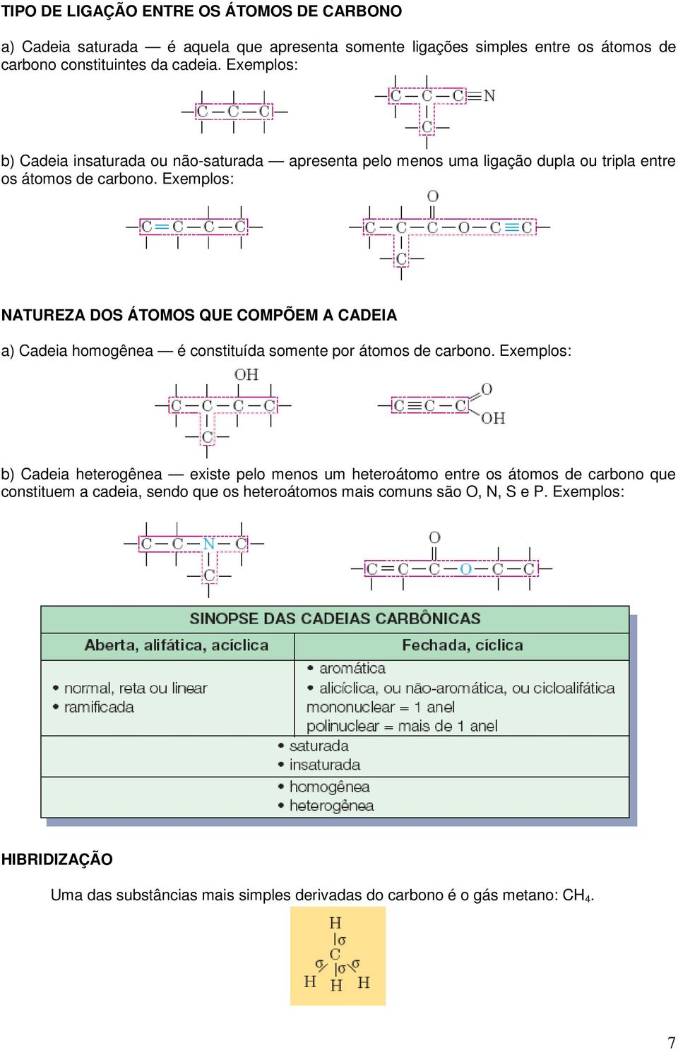 Exemplos: NATUREZA DOS ÁTOMOS QUE COMPÕEM A CADEIA a) Cadeia homogênea é constituída somente por átomos de carbono.