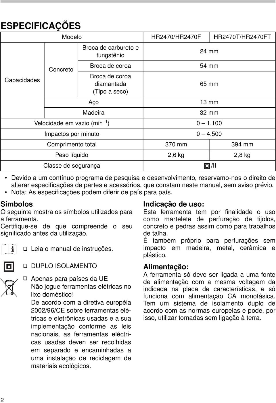 Nota: As especificações podem diferir de país para país. Símbolos O seguinte mostra os símbolos utilizados para a ferramenta. Certifique-se de que compreende o seu significado antes da utilização.