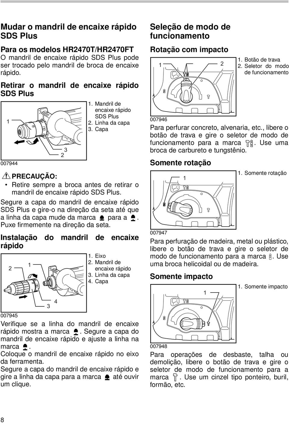 Segure a capa do mandril de encaixe rápido SDS Plus e gire-o na direção da seta até que a linha da capa mude da marca para a. Puxe firmemente na direção da seta.