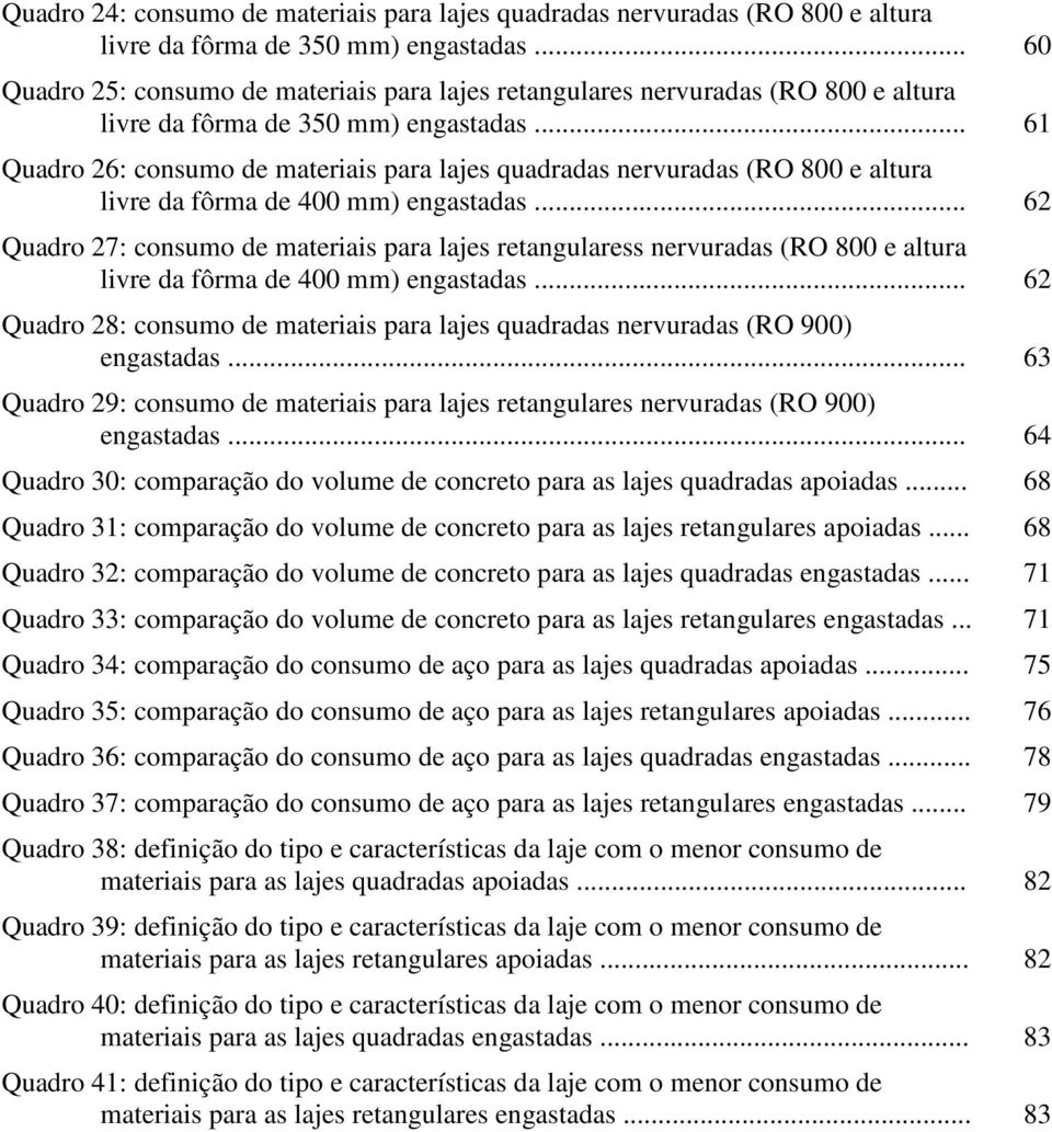 .. 61 Quadro 26: consumo de materiais para lajes quadradas nervuradas (RO 800 e altura livre da fôrma de 400 mm) engastadas.