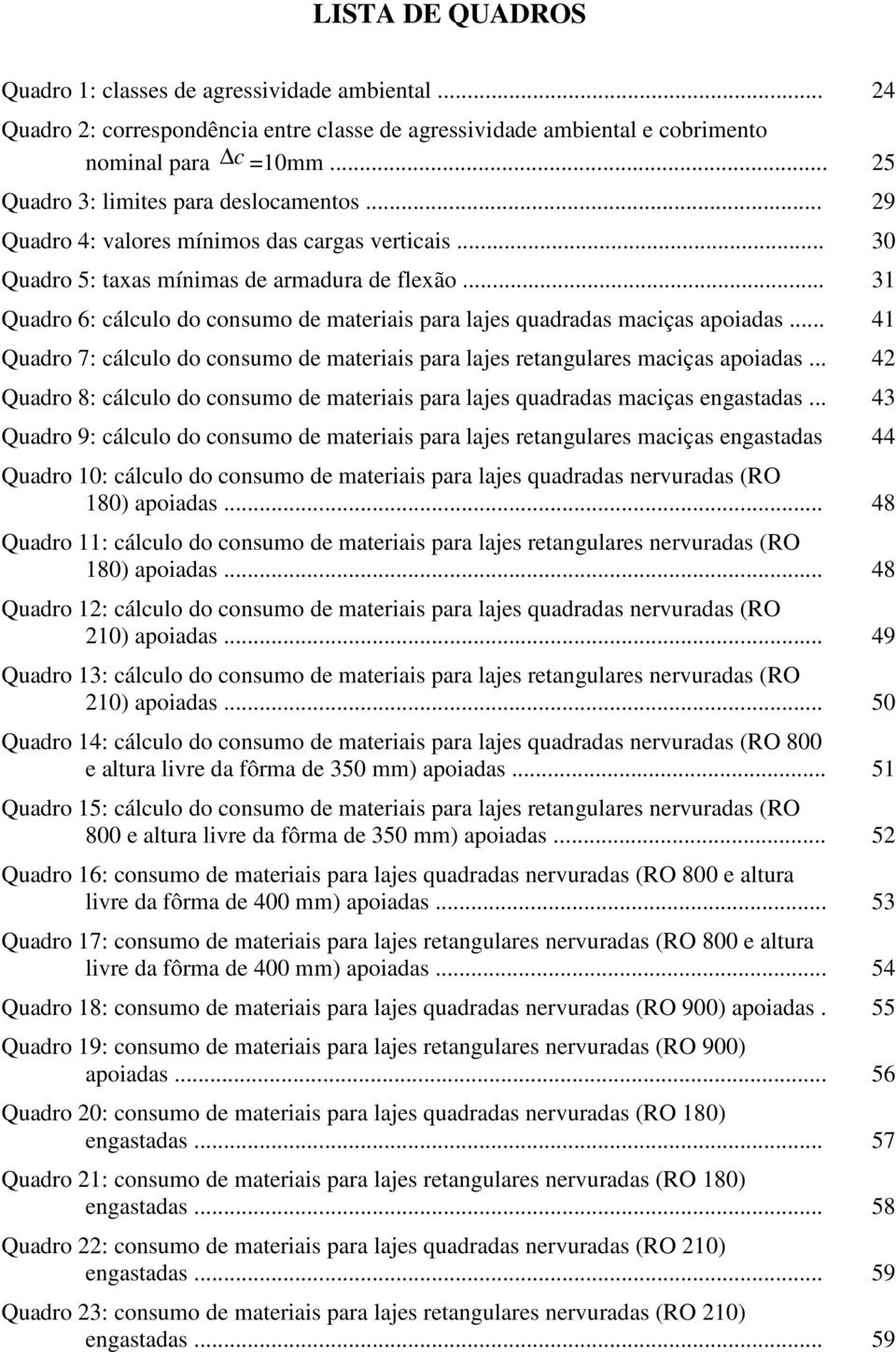 .. 31 Quadro 6: cálculo do consumo de materiais para lajes quadradas maciças apoiadas... 41 Quadro 7: cálculo do consumo de materiais para lajes retangulares maciças apoiadas.