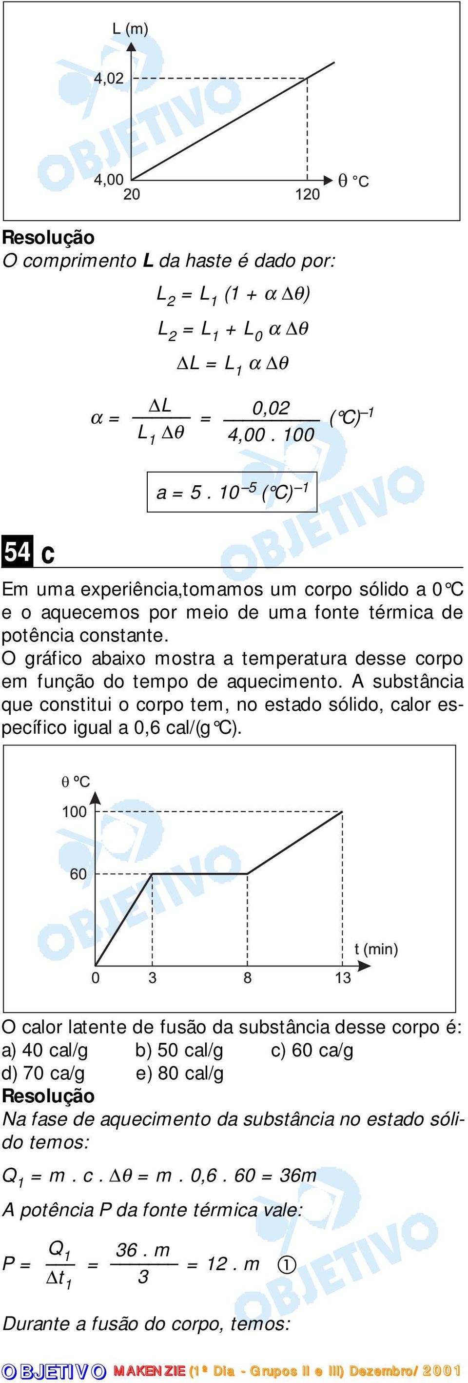 O gráfico abaixo mostra a temperatura desse corpo em função do tempo de aquecimento. A substância que constitui o corpo tem, no estado sólido, calor específico igual a 0,6 cal/(g C).