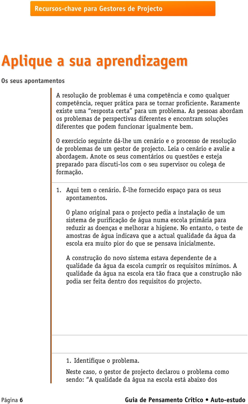 O exercício seguinte dá-lhe um cenário e o processo de resolução de problemas de um gestor de projecto. Leia o cenário e avalie a abordagem.