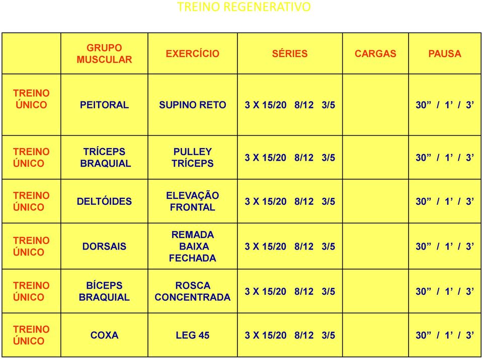 FRONTAL 3 X 15/20 8/12 3/5 30 / 1 / 3 TREINO ÚNICO DORSAIS REMADA BAIXA FECHADA 3 X 15/20 8/12 3/5 30 / 1 / 3 TREINO