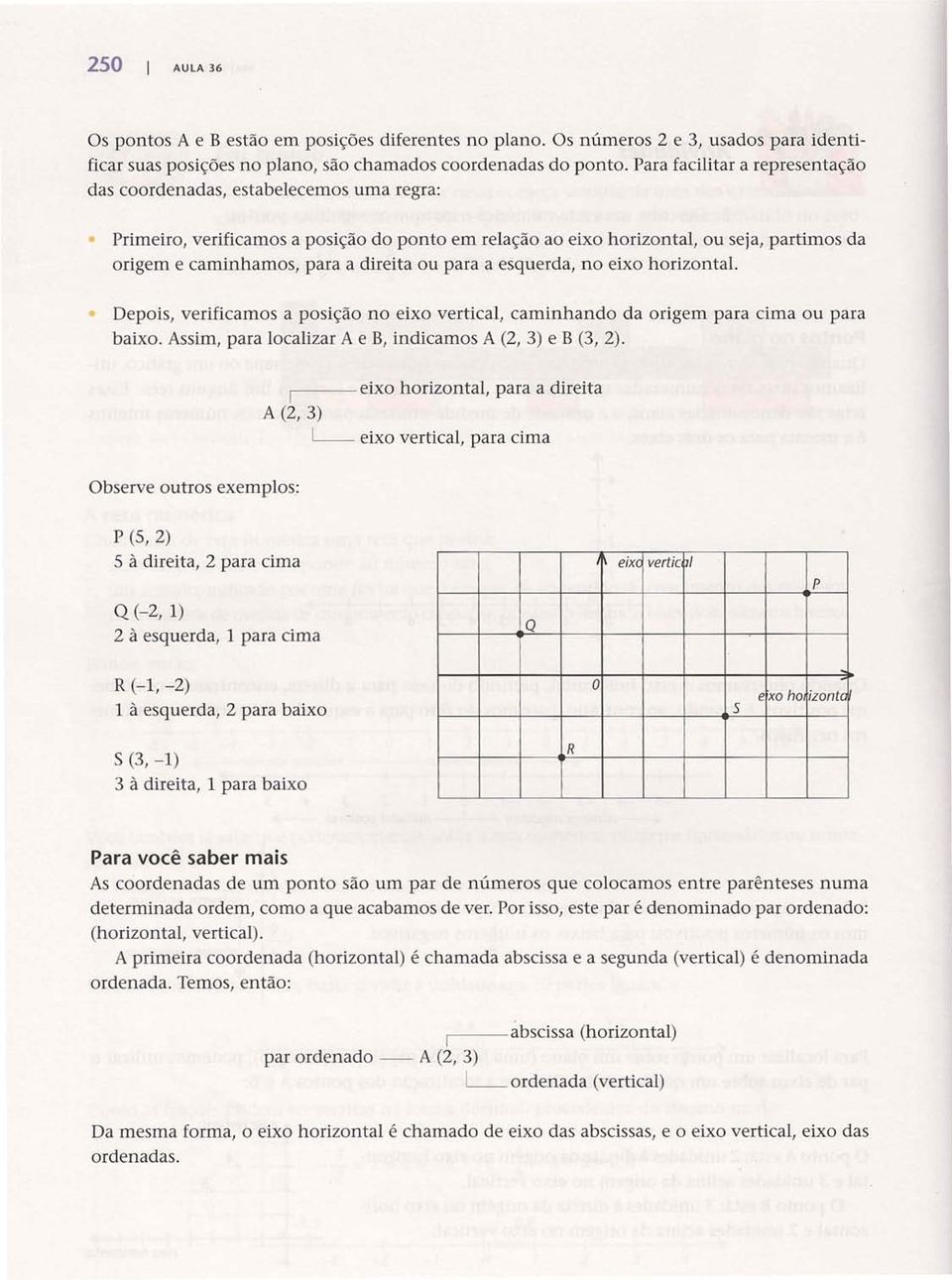 direita ou para a esquerda, no eixo horizontal. Depois, verificamos a posição no eixo vertical, caminhando da origem para cima ou para baixo. Assim, para localizar A e B, indicamos A (, 3) e B (3, ).