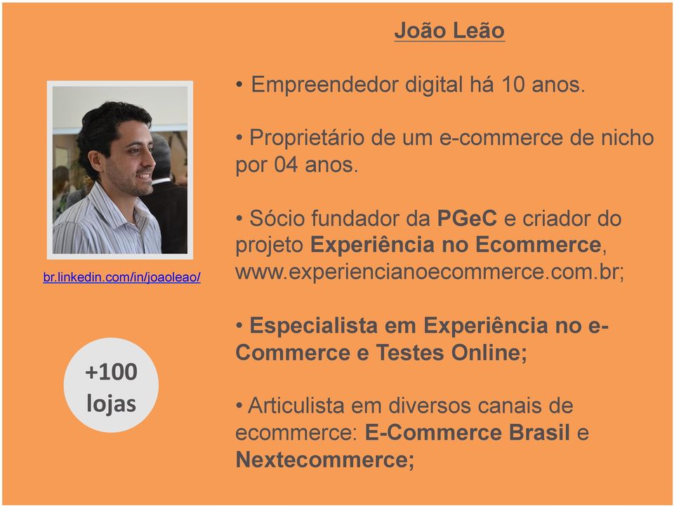 com/in/joaoleao/ +100 lojas Sócio fundador da PGeC e criador do projeto Experiência no