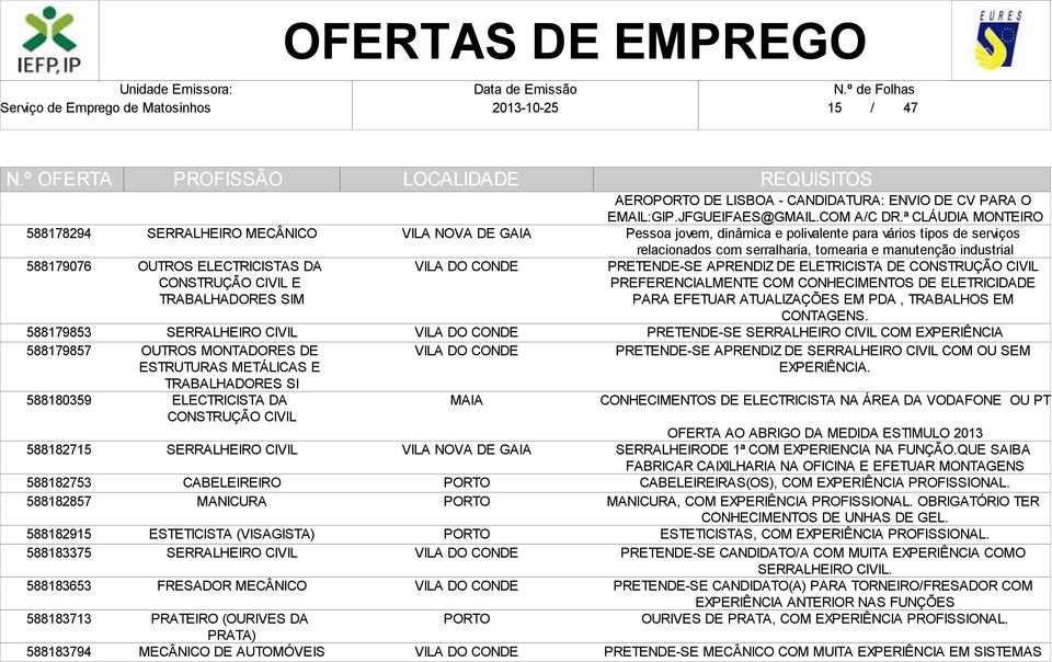 SERRALHEIRO CIVIL FRESADOR MECÂNICO PRATEIRO (OURIVES DA PRATA) MECÂNICO DE AUTOMÓVEIS VILA NOVA DE GAIA VILA NOVA DE GAIA AERO DE LISBOA - CANDIDATURA: ENVIO DE CV PARA O EMAIL:GIP.JFGUEIFAES@GMAIL.