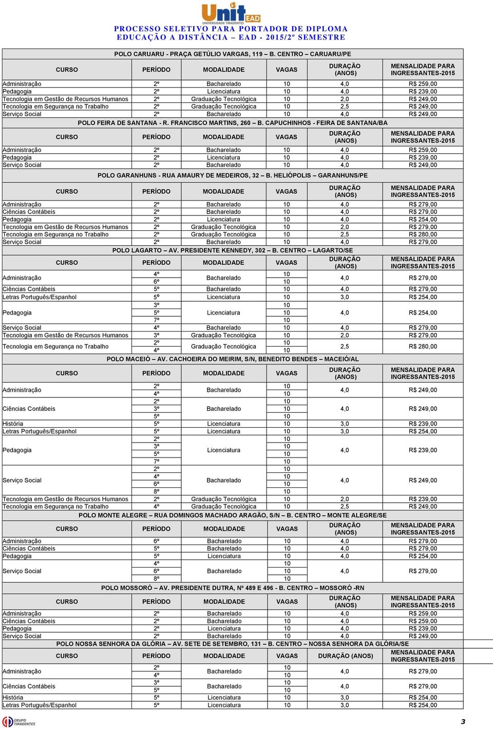 CAPUCHINHOS - FEIRA DE SANTANA/BA 4,0 R$ 259,00 4,0 R$ 239,00 POLO GARANHUNS - RUA AMAURY DE MEDEIROS, 32 B.