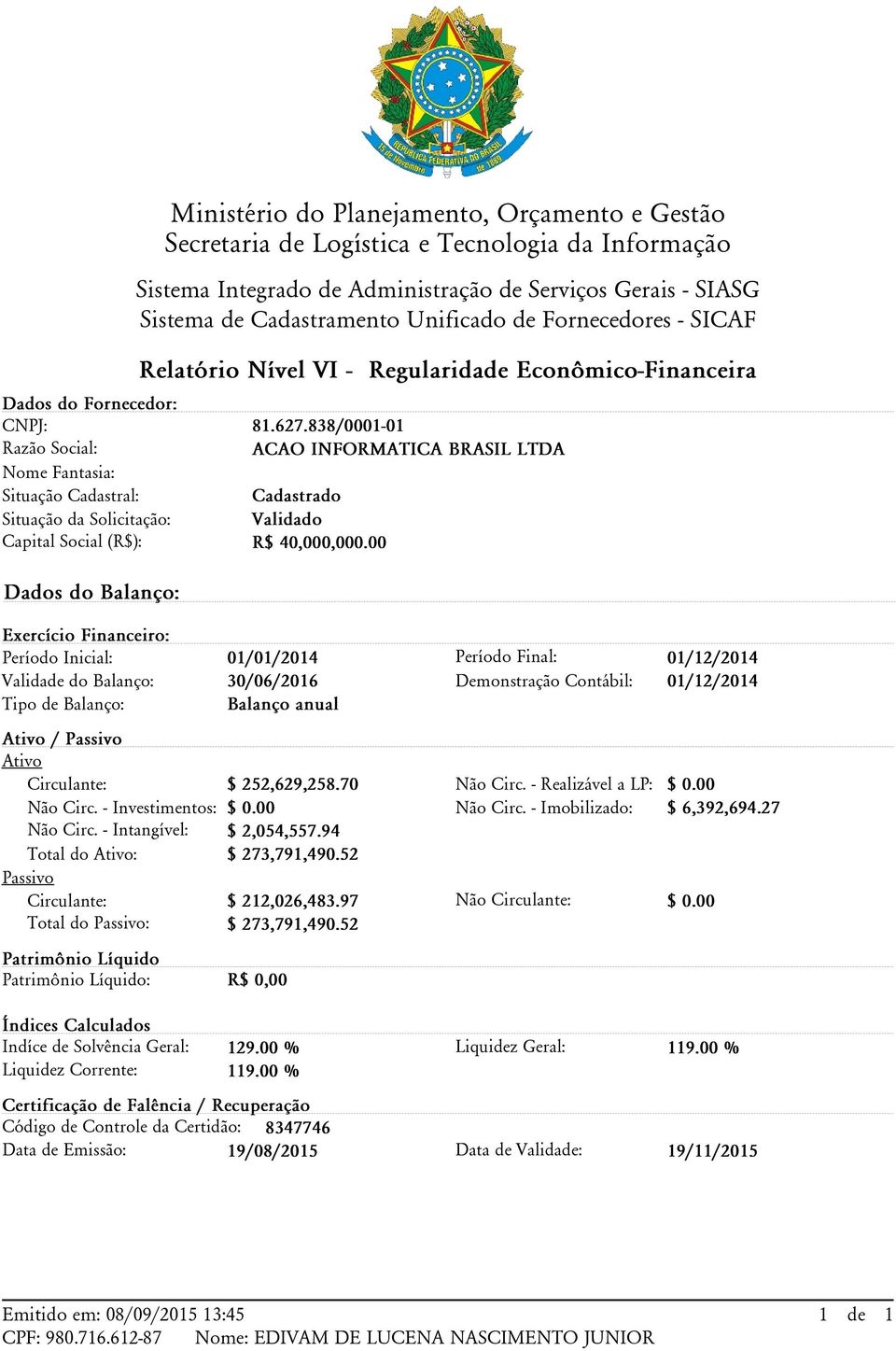 Econômico-Financeira 81.627.838/0001-01 ACAO INFORMATICA BRASIL LTDA Validado R$ 40,000,000.