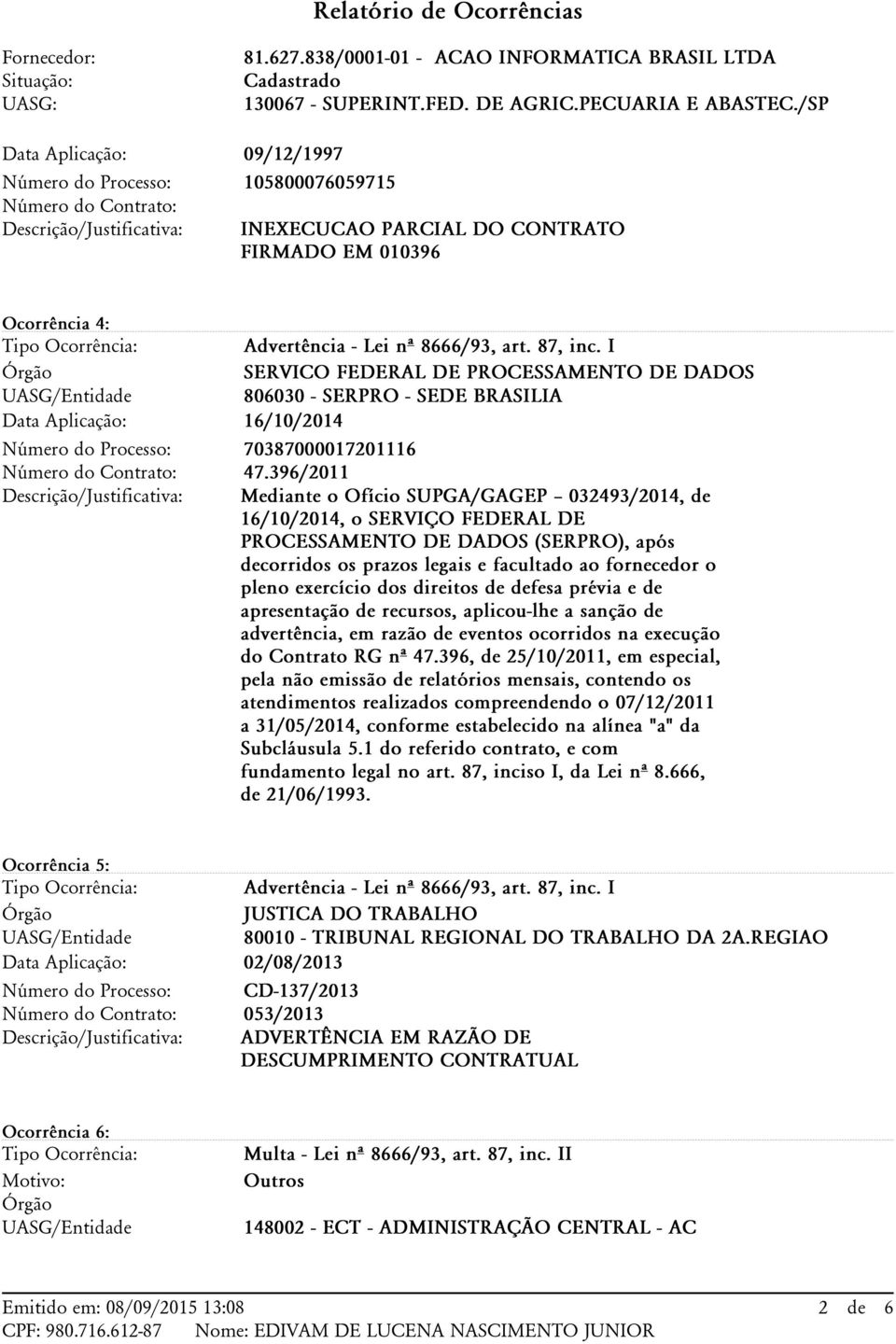 I SERVICO FEDERAL DE PROCESSAMENTO DE DADOS 806030 - SERPRO - SEDE BRASILIA 16/10/2014 70387000017201116 47.