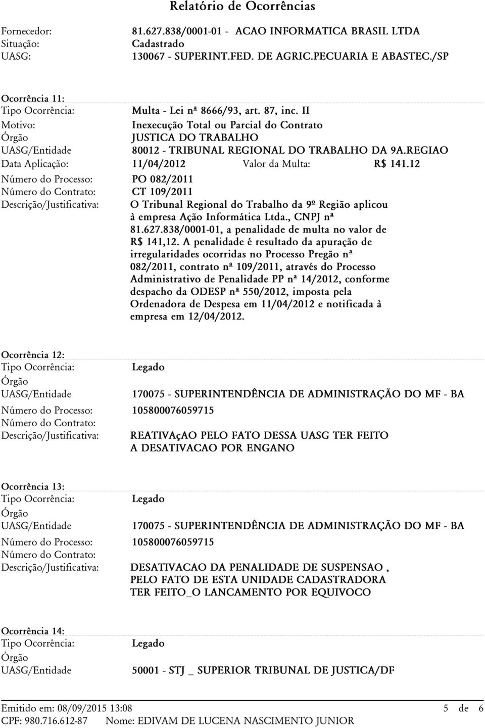 REGIAO 11/04/2012 Valor da Multa: R$ 141.12 PO 082/2011 CT 109/2011 O Tribunal Regional do Trabalho da 9ª Região aplicou à empresa Ação Informática Ltda., CNPJ nº 81.627.