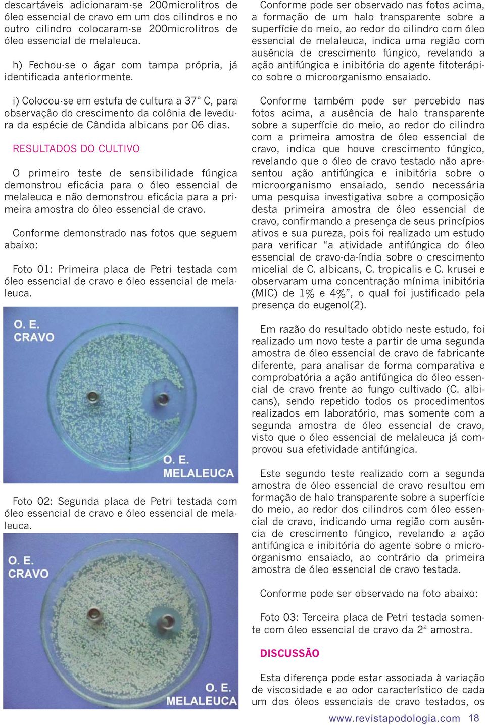 i) Colocou-se em estufa de cultura a 37 C, para observação do crescimento da colônia de levedura da espécie de Cândida albicans por 06 dias.