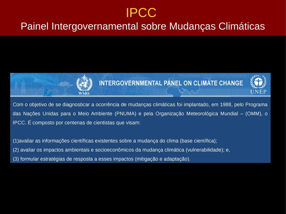 É composto por centenas de cientistas que visam: (1)avaliar as informações científicas existentes sobre a mudança do clima (base científica); (2)