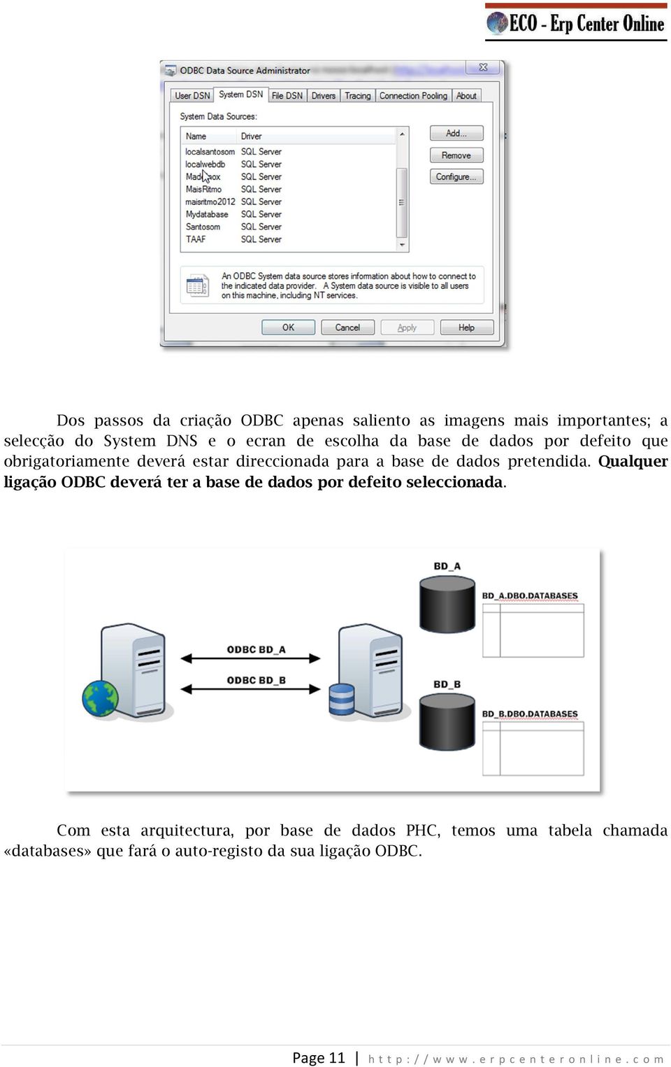 Qualquer ligação ODBC deverá ter a base de dados por defeito seleccionada.