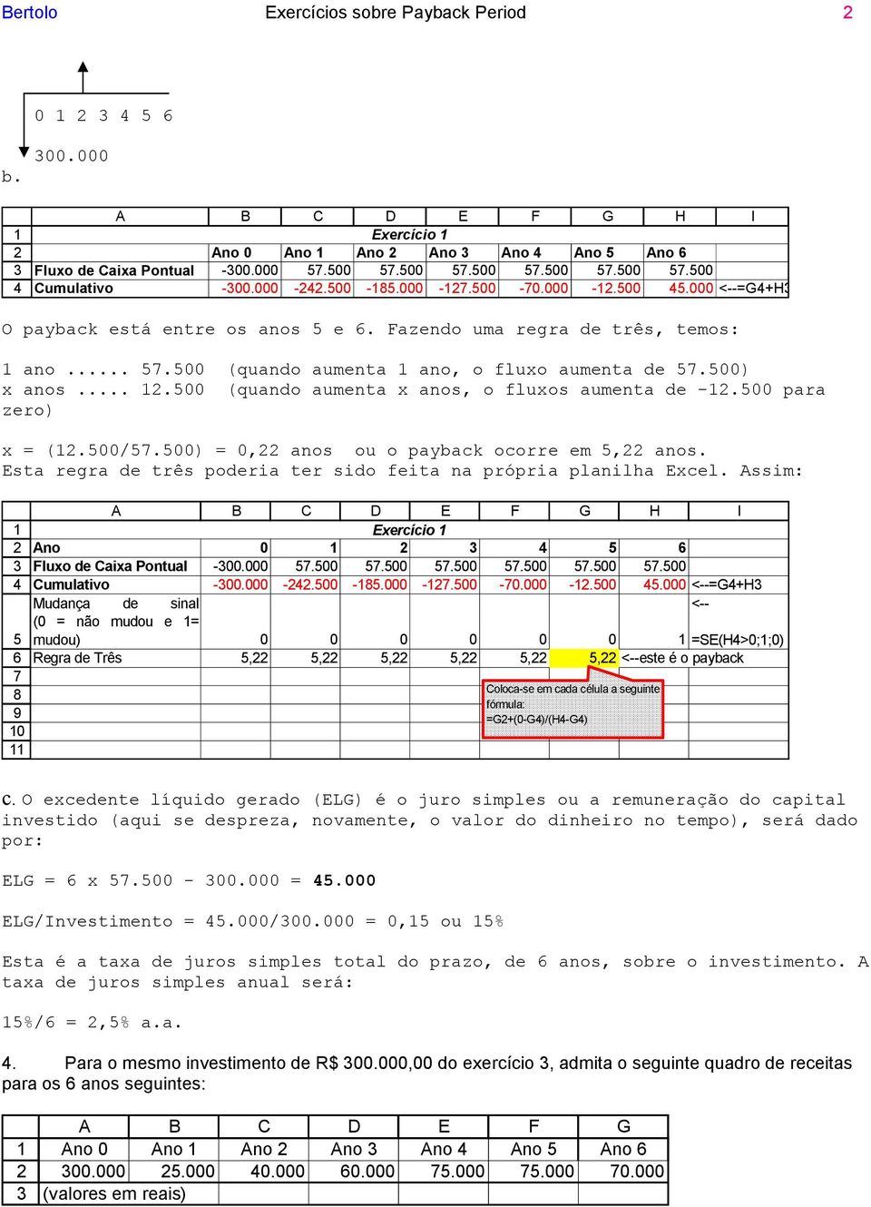 00) = 0, anos ou o payback ocorre em, anos. Esta regra de três poderia ter sido feita na própria planilha Excel. Assim: 9 0 Exercício Ano 0 Fluxo de Caixa Pontual -00.000.00.00.00.00.00.00 Cumulativo -00.