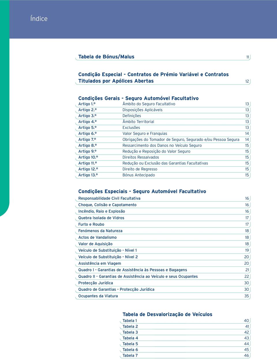 Valor Seguro e Franquias 14 Artigo 7. Obrigações do Tomador de Seguro, Segurado e/ou Pessoa Segura 14 Artigo 8. Ressarcimento dos Danos no Seguro 15 Artigo 9.