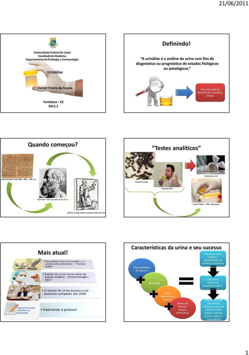 ou patológicos. Daniel Freire de Sousa Fortaleza CE 2011.1 Início da medicina laboratorial ou Análises Clínicas Quando começou? Testes analíticos profetas daurina Papiro deedwin Smith (1862-1930 - 1.