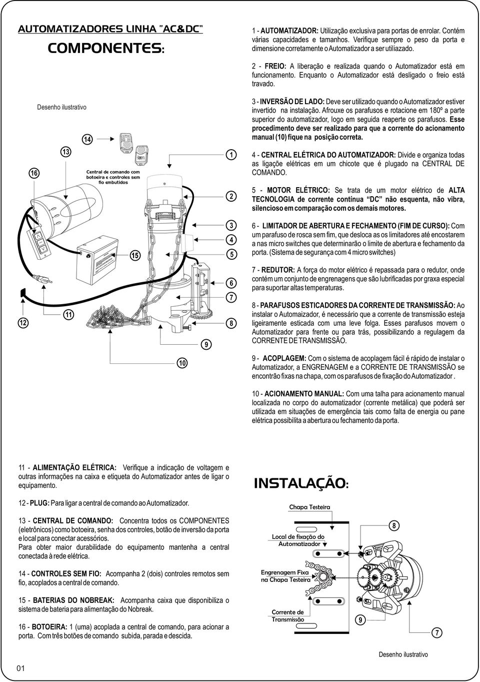 16 13 14 MEE G A Central de comando com botoeira e controles sem fio embutidos 1 - FREIO: A liberação e realizada quando o Automatizador está em funcionamento.