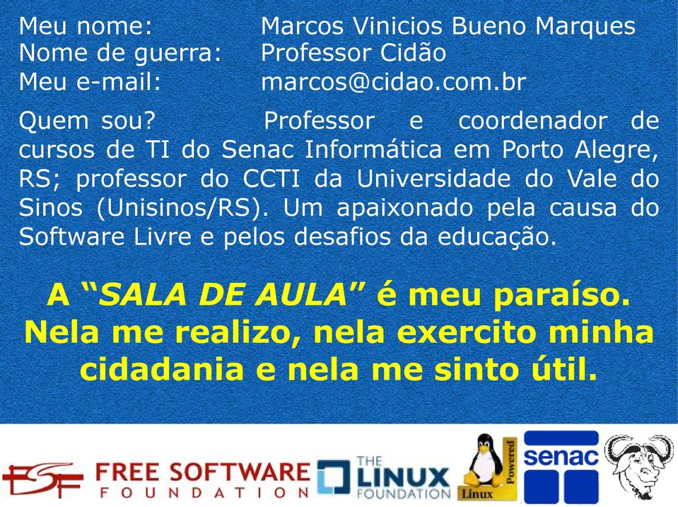 Professor e coordenador de cursos de TI do Senac Informática em Porto Alegre, RS; professor do CCTI da