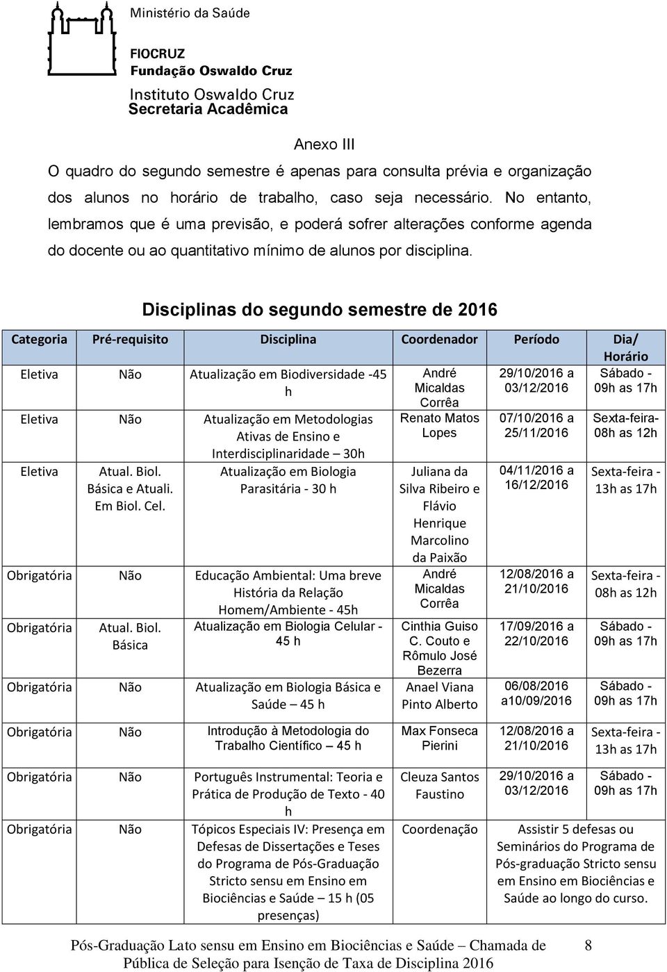 Disciplinas do segundo semestre de 2016 Categoria Pré-requisito Disciplina Coordenador Período Dia/ Horário Eletiva Não Atualização em Biodiversidade -45 h André Micaldas 29/10/2016 a 03/12/2016