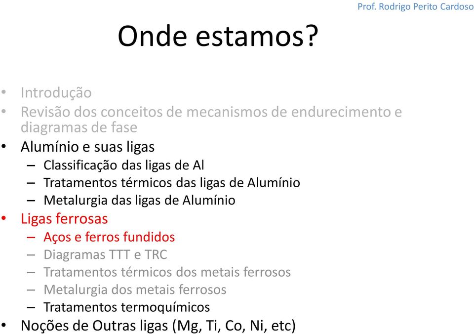 Classificação das ligas de Al Tratamentos térmicos das ligas de Alumínio Metalurgia das ligas de Alumínio