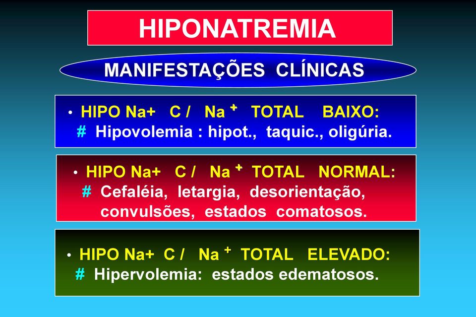 HIPO Na+ C / Na + TOTAL NORMAL: # Cefaléia, letargia, desorientação,