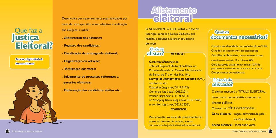 dos candidatos; Fiscalização da propaganda eleitoral; Organização da votação; Totalização dos votos; Julgamento de processos referentes a questões eleitorais; Diplomação dos candidatos eleitos etc.