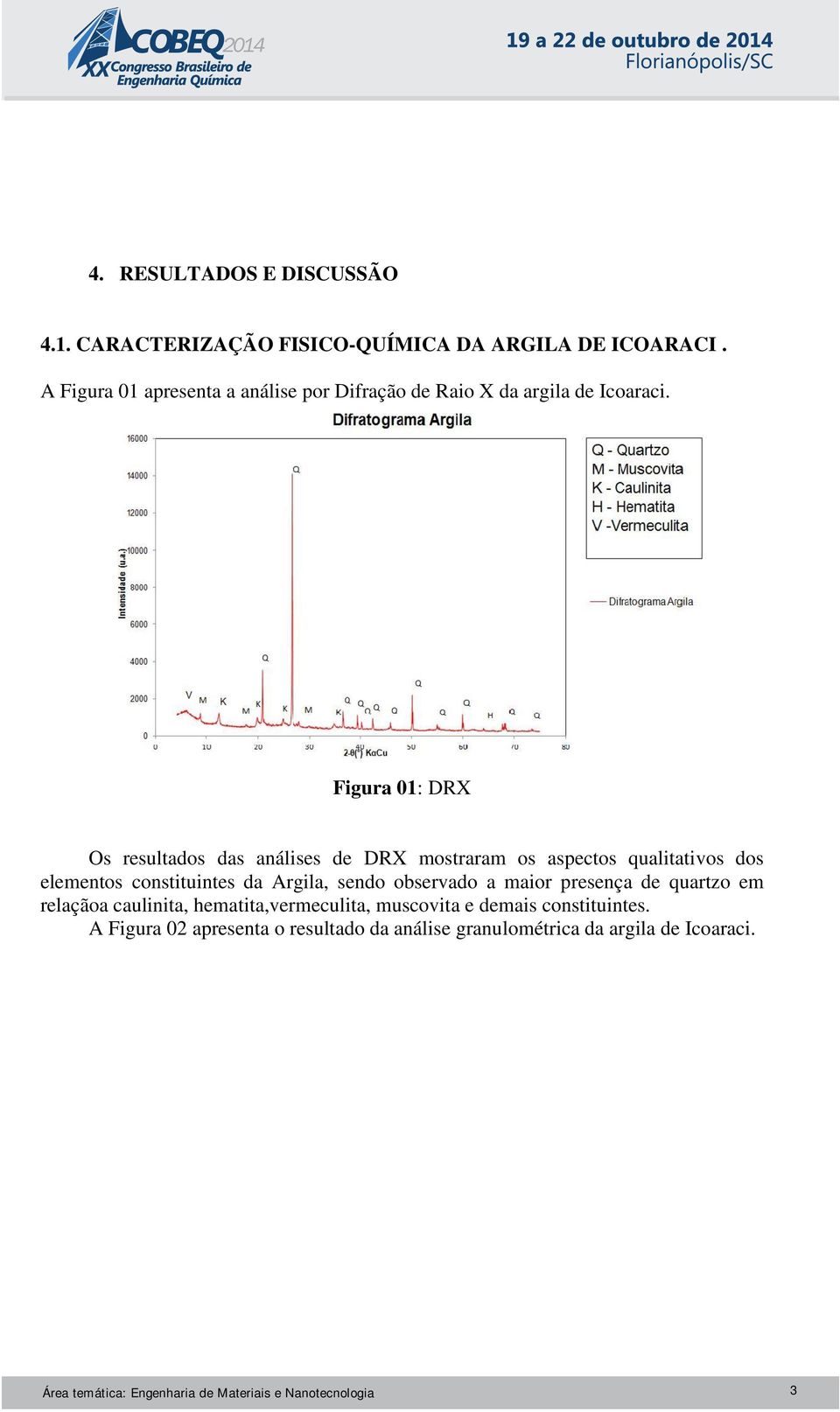 Figura 01: DRX Os resultados das análises de DRX mostraram os aspectos qualitativos dos elementos constituintes da Argila, sendo