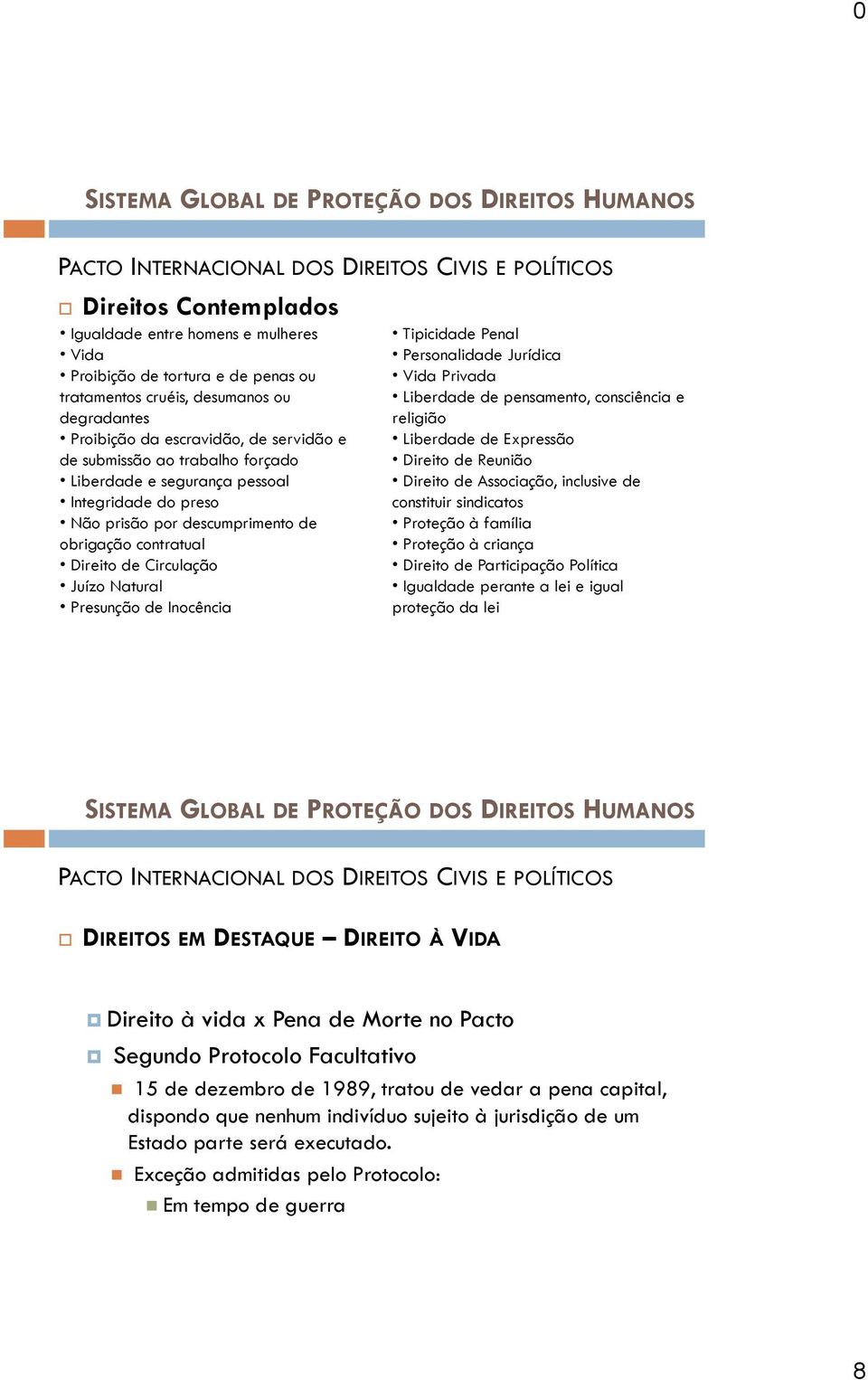 Personalidade Jurídica Vida Privada Liberdade de pensamento, consciência e religião Liberdade de Expressão Direito de Reunião Direito de Associação, inclusive de constituir sindicatos Proteção à