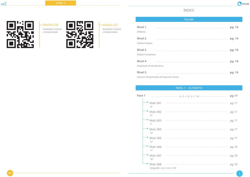 16 Leitura e Interpretação de Pequenos Textos; Fase 1 NÍVEL 1 ALFABETO A - E - I - O - U - Y - W pg 17 Mód. 001 A Mód. 002 E Mód.