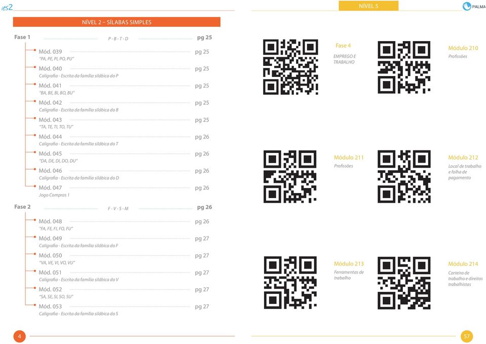 046 do D pg 26 pg 26 Módulo 211 Módulo 212 Profissões Local de trabalho e folha de pagamento Mód. 047 Jogo Compras 1 pg 26 Fase 2 F - V - S - M pg 26 Mód.