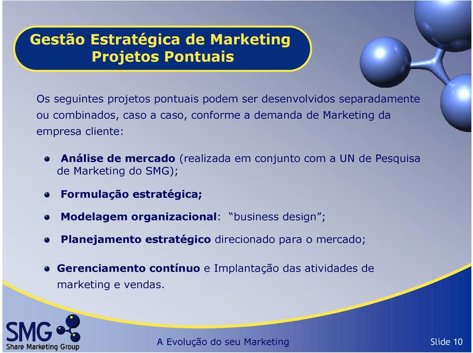 de Pesquisa de Marketing do SMG); Formulação estratégica; Modelagem organizacional: business design ; Planejamento estratégico