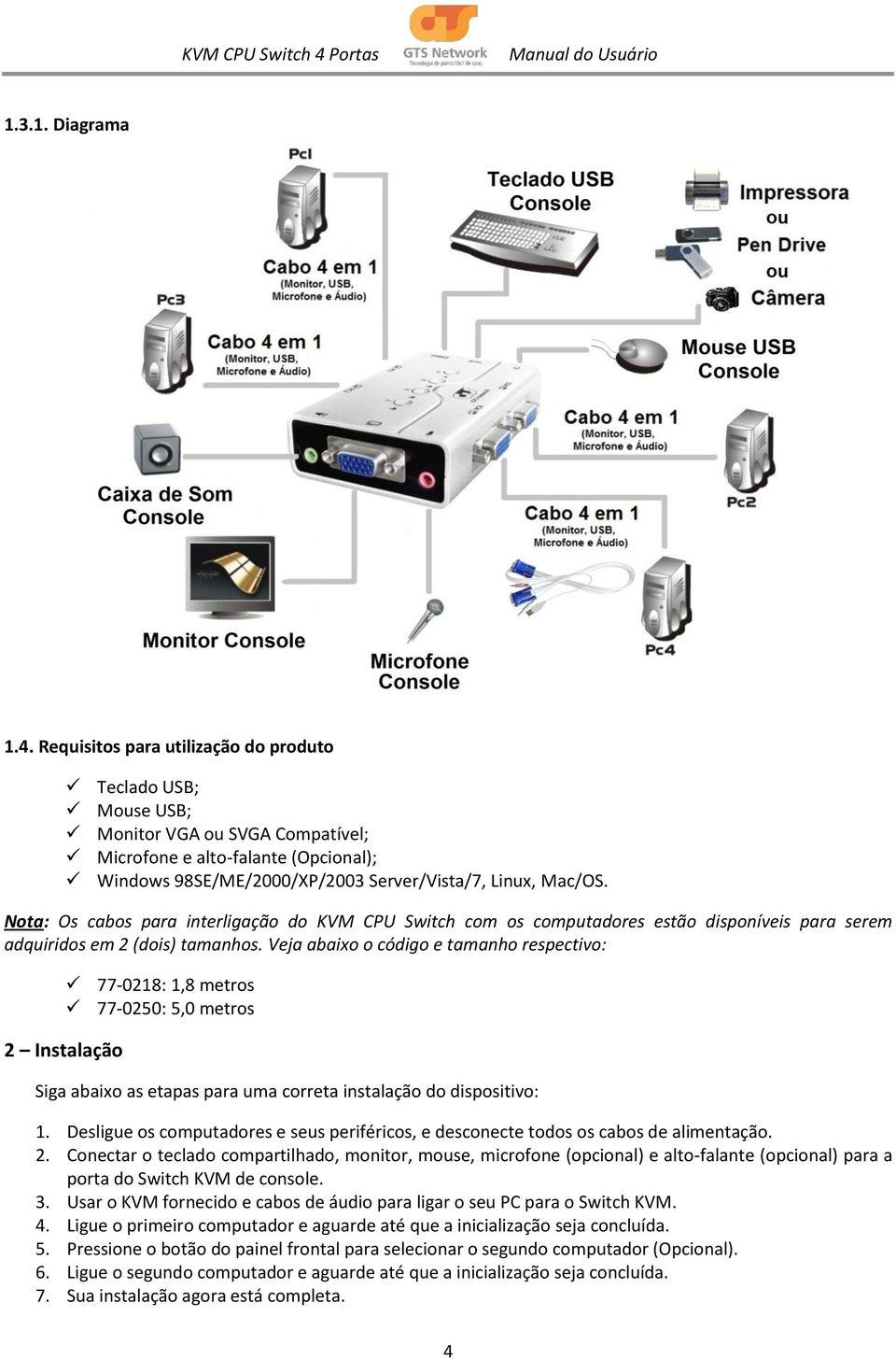 Nota: Os cabos para interligação do KVM CPU Switch com os computadores estão disponíveis para serem adquiridos em 2 (dois) tamanhos.