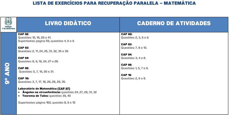 CAP 10: Questões: 3, 7, 17, 18, 26, 28, 29, 35. CAP 02: Questões: 2, 3, 6 e 9. CAP 03: Questões: 7, 8 e 10. CAP 04: Questões: 3, 4 e 8.