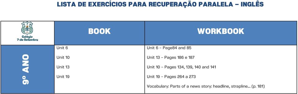 186 e 187 Unit 10 Pages 134, 139, 140 and 141 Unit 19 Pages 264 a