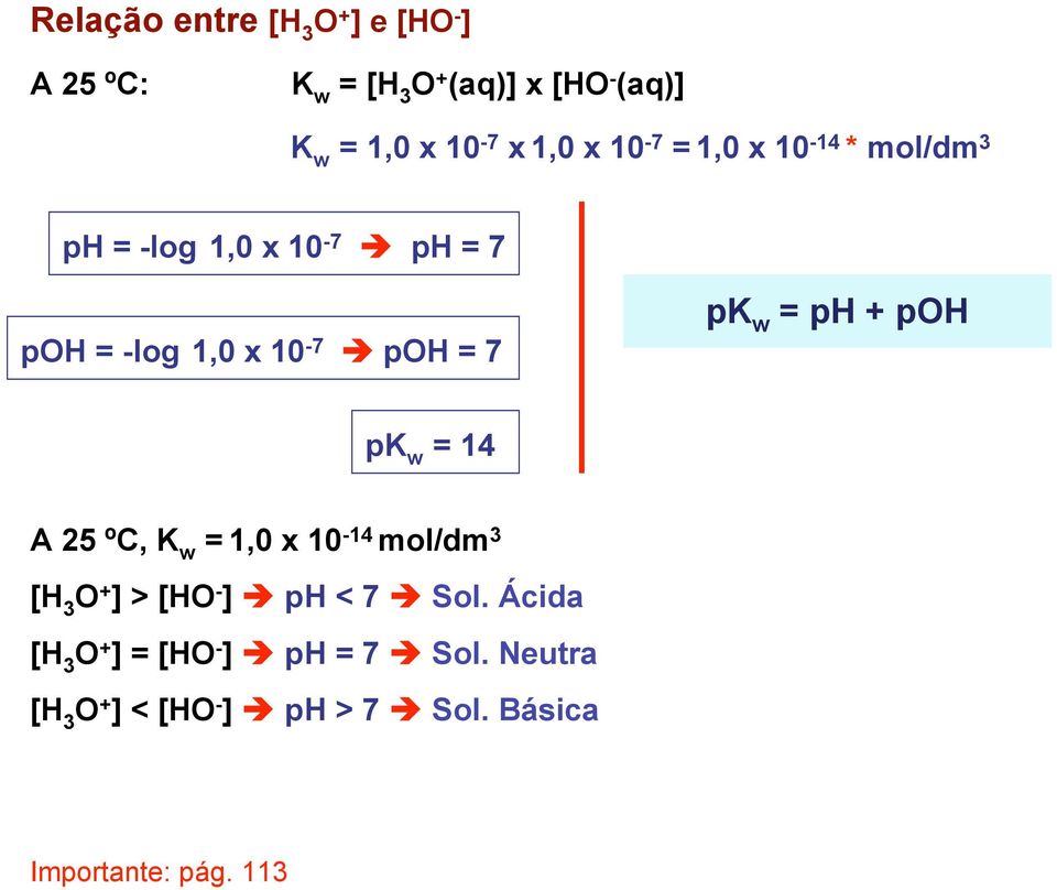 pk w = ph + poh pk w = 14 A 25 ºC, K w = 1,0 x 10-14 mol/dm 3 O + ] > [HO - ] ph < 7 Sol.