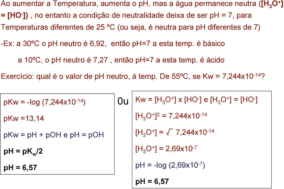 é básico a 10ºC, o ph neutro é 7,27, então ph=7 a esta temp. é ácido Exercício: qual é o valor de ph neutro, à temp. De 55ºC, se Kw = 7,244x10-14?