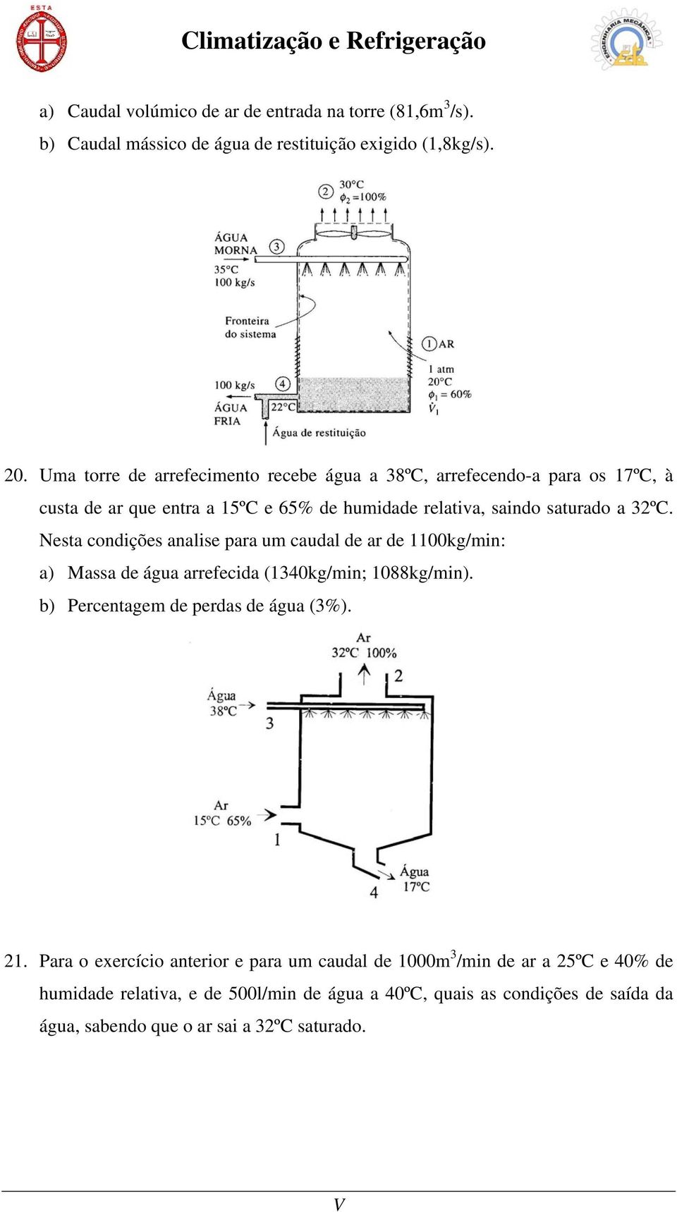 Nesta condições analise para um caudal de ar de 1100kg/min: a) Massa de água arrefecida (1340kg/min; 1088kg/min). b) Percentagem de perdas de água (3%). 21.