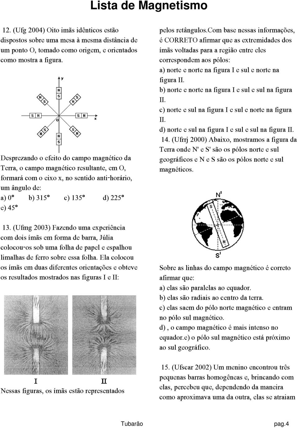 (Ufmg 2003) Fazendo uma experiência com dois ímãs em forma de barra, Júlia colocou-os sob uma folha de papel e espalhou limalhas de ferro sobre essa folha.