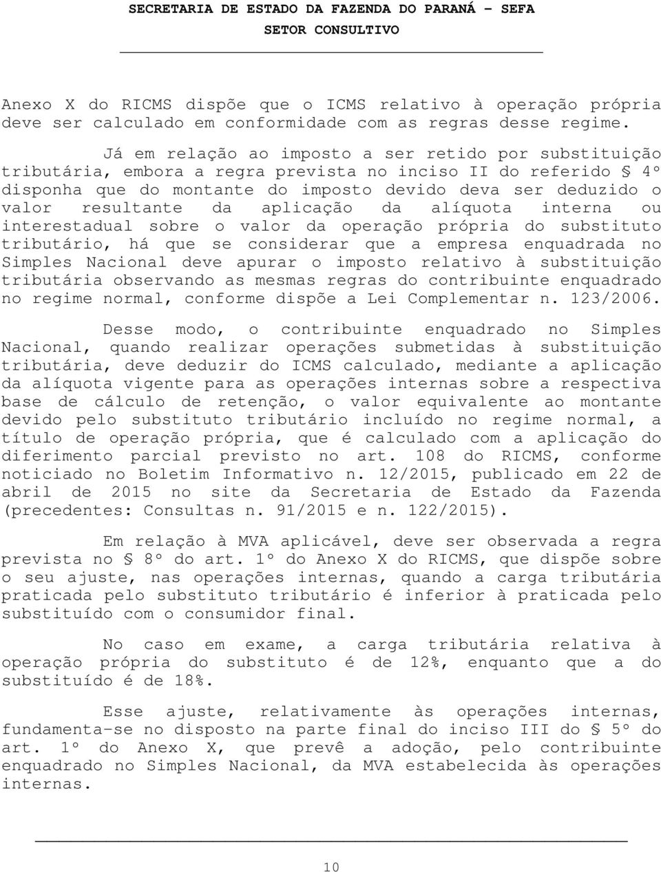 da aplicação da alíquota interna ou interestadual sobre o valor da operação própria do substituto tributário, há que se considerar que a empresa enquadrada no Simples Nacional deve apurar o imposto