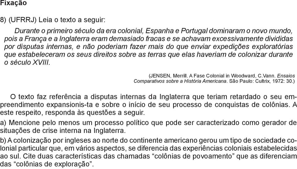 durante o século XVIII. (JENSEN, Merrill. A Fase Colonial in Woodward, C.Vann. Ensaios Comparativos sobre a História Americana. São Paulo: Cultrix, 1972: 30.