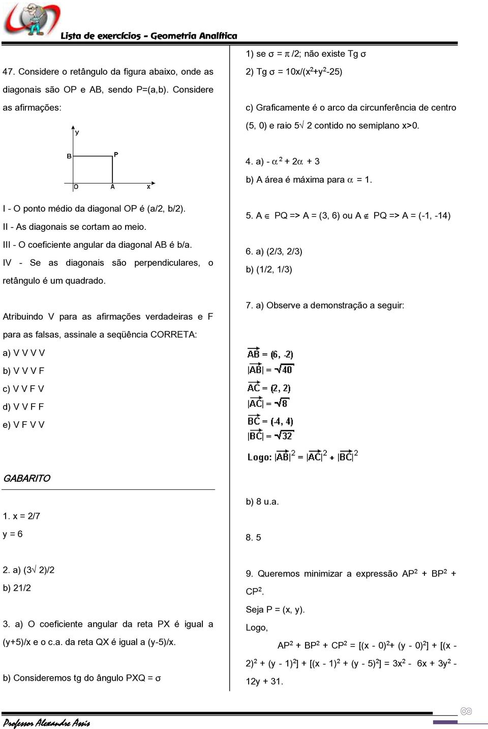 I - O ponto médio da diagonal OP é (a/2, b/2). II - As diagonais se cortam ao meio. III - O coeficiente angular da diagonal AB é b/a.