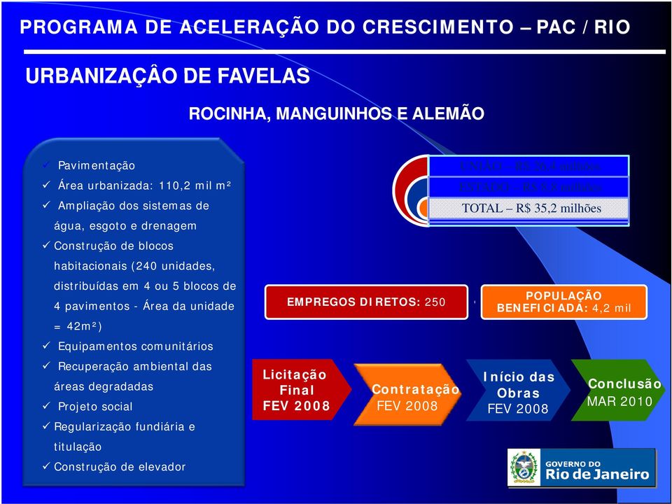 Recuperação ambiental das áreas degradadas Projeto social Regularização fundiária e titulação Construção de elevador EMPREGOS DIRETOS: 250 Licitação Final