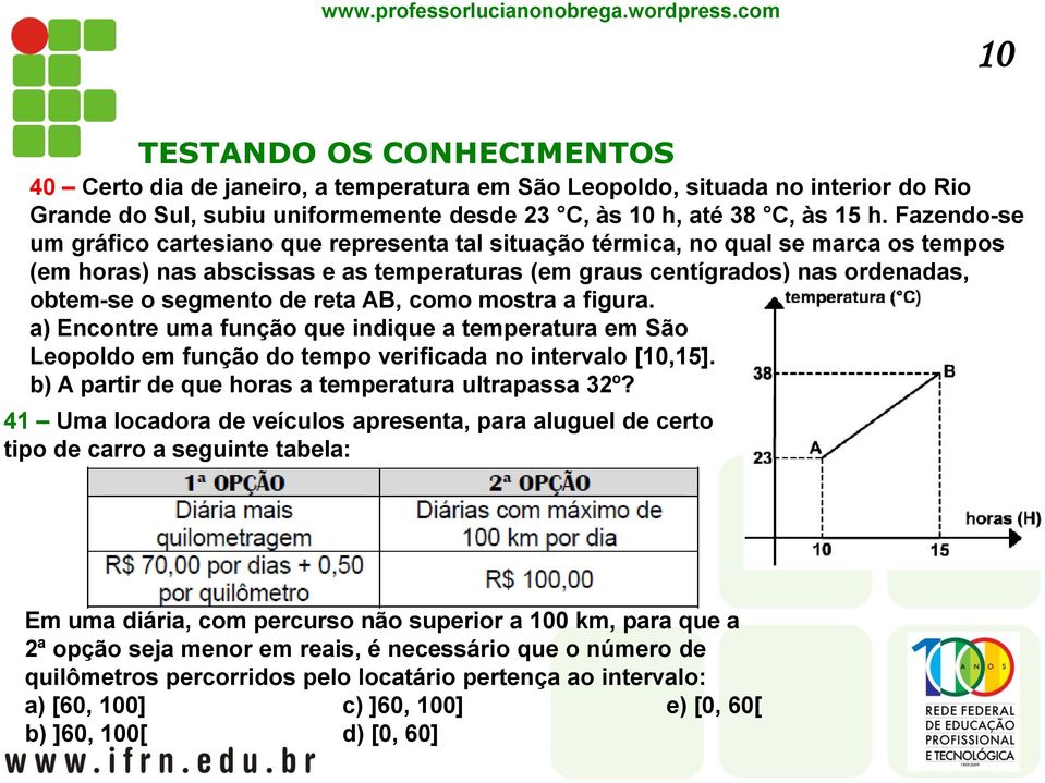 de reta AB, como mostra a figura. a) Encontre uma função que indique a temperatura em São Leopoldo em função do tempo verificada no intervalo [10,15].