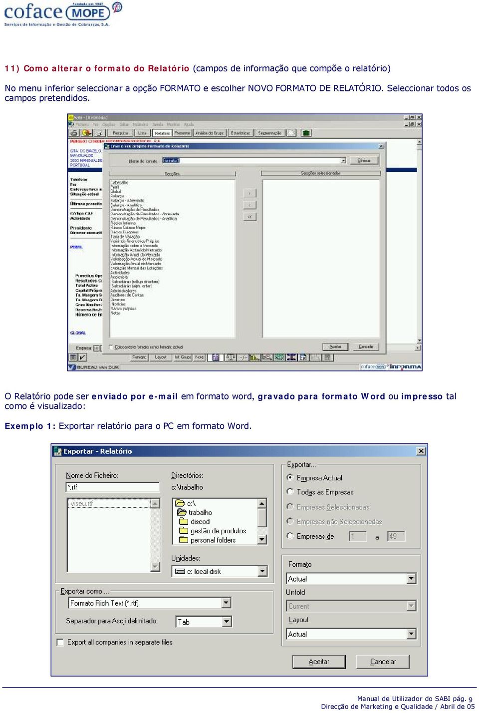 O Relatório pode ser enviado por e-mail em formato word, gravado para formato Word ou impresso tal como é