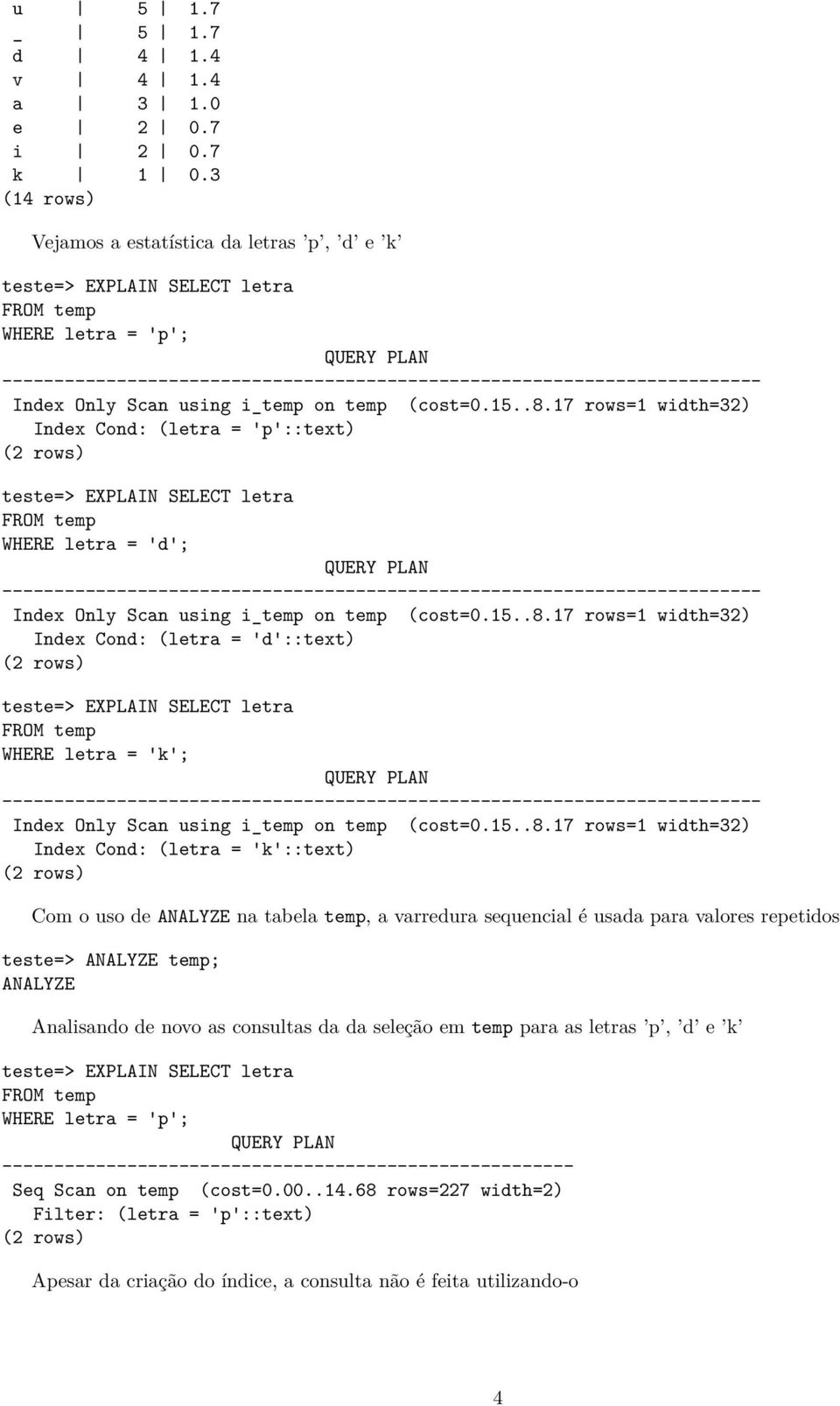 17 rows=1 width=32) Index Cond: (letra = 'p'::text) WHERE letra = 'd'; ------------------------------------------------------------------------- Index Only Scan using itemp on temp (cost=0.15..8.