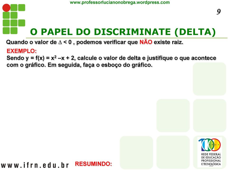 EXEMPLO: Sendo y = f(x) = x 2 x + 2, calcule o valor de delta