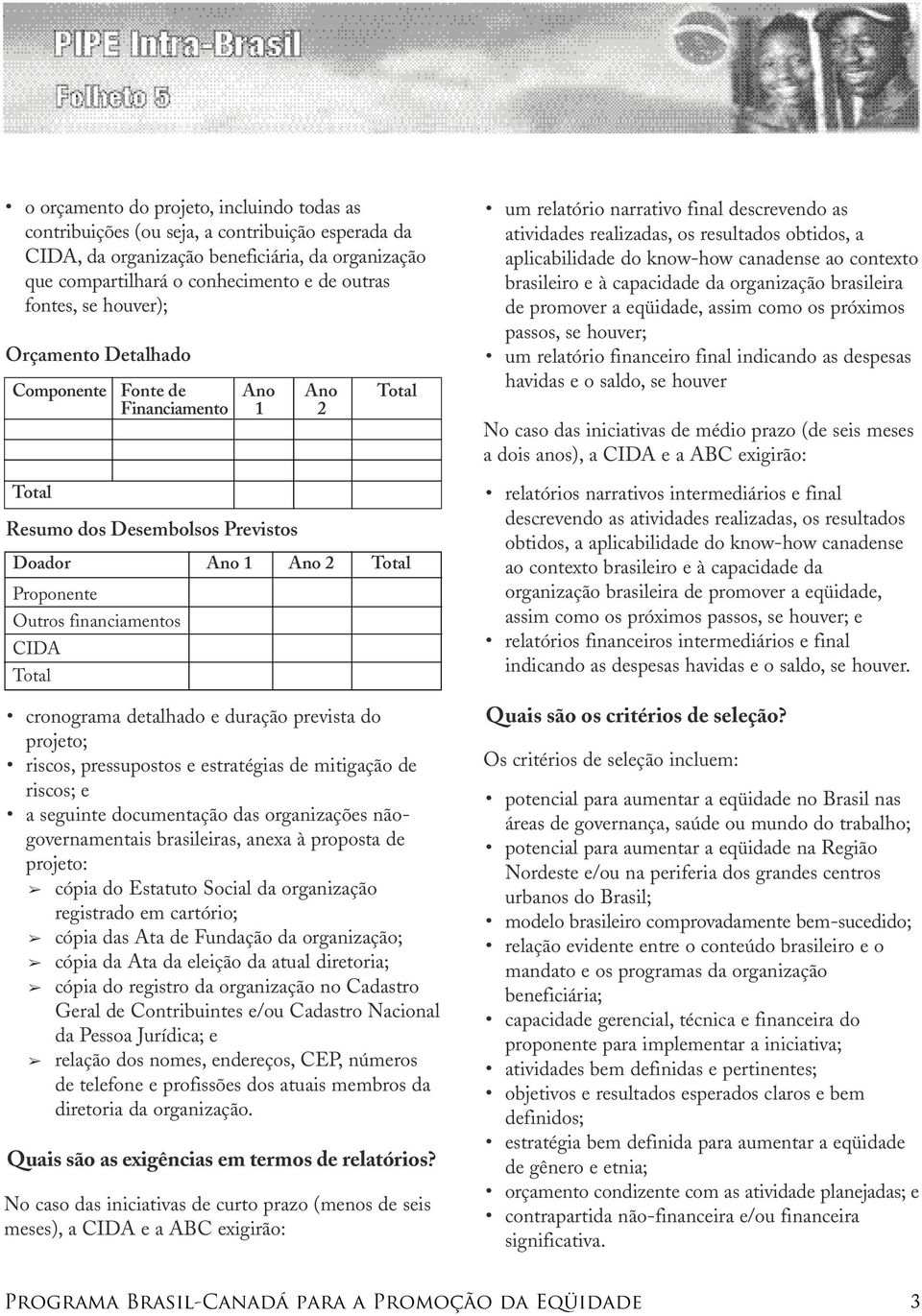 detalhado e duração prevista do projeto; riscos, pressupostos e estratégias de mitigação de riscos; e a seguinte documentação das organizações nãogovernamentais brasileiras, anexa à proposta de